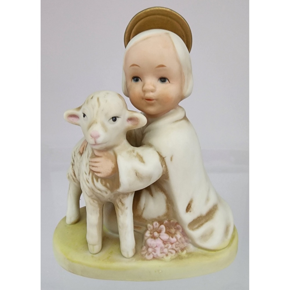 Homco Figurine 5605 Boy Angel Lamb Sheperd Cream Tan Gold Vintage Porcelain EXC